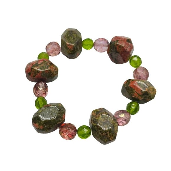 Natural Pink Green Unakite Glass Bead Stretch Bracelet READ ME - Picture 1 of 4